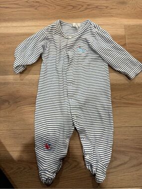 Blue & White Striped Footed One-Piece with Whale Detail